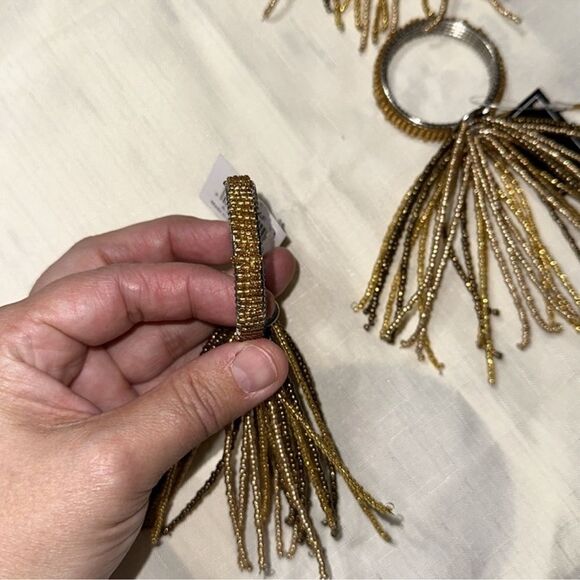 C&F Home Gold Set of 8 Tone Brown Shades Beaded Tasseled Dinner Napkin Rings - Picture 5 of 6